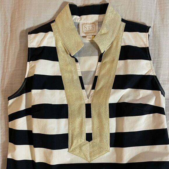 Sail to Sable Black White Wide Striped Soli Neck Gold Sleeveless Shift Dress L - Picture 6 of 8